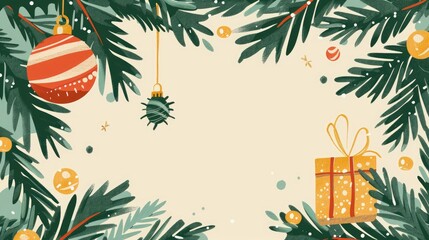 Wall Mural - Holiday themed postcard template with fir branches ornaments and gift box Text space included