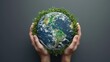 © BMMP Studio - Hands supporting Earth, symbolizing collective environmental responsibility, set on gray background.