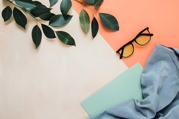 Wall Mural - Flat Lay of Green Leaves, Sunglasses, and Fabric on a Light Pink, Peach, and Green Background. Generative AI