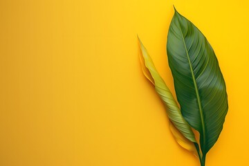 Wall Mural - Green and Yellow Leaves on a Yellow Background. Generative AI