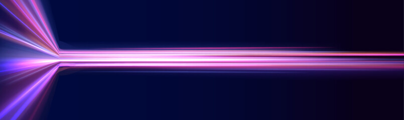 Poster - Neon color glowing lines background, high-speed light trails effect. Shining lights in motion with small particles. Vector swirl trail effect. 