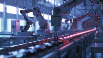 Poster - A factory with robots working on a conveyor belt