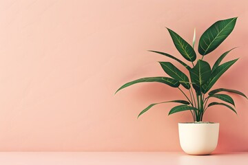 Wall Mural - A Single Green Plant in a White Pot Against a Pink Wall. Generative AI