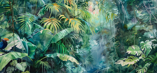 Wall Mural - A painting of a jungle scene with a bird in the foreground