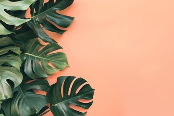 Wall Mural - Green Monstera Leaves Against A Peach Background. Generative AI