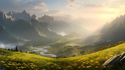 Wall Mural - Panoramic view of alpine meadow with yellow flowers at sunset