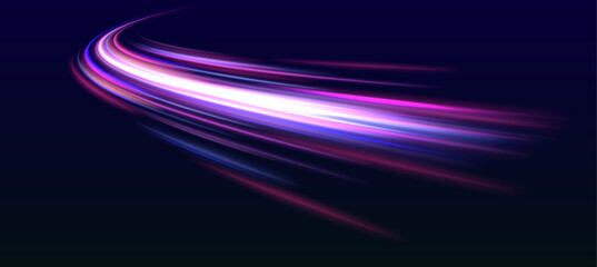 Fototapete - Neon color glowing lines background, high-speed light trails effect. Modern abstract high-speed light motion effect on black background. Light motion effect, slow shutter of traffic.	