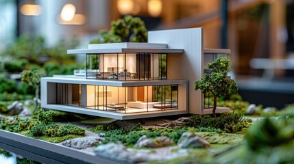 Minimalist modern house model with a green park landscape and a blurred office background.