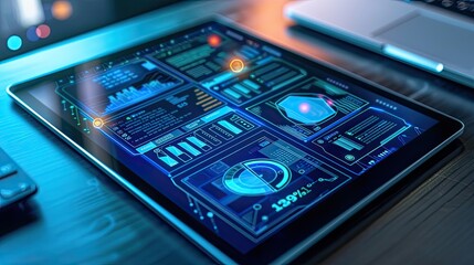 Poster - High-tech tablet displaying complex data analytics and futuristic digital interfaces in a modern workspace setting, perfect for technology themes.