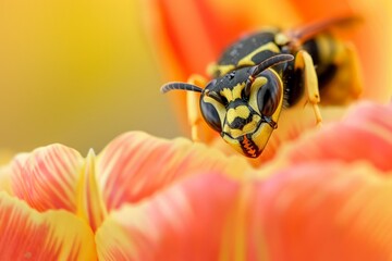 Poster - This close-up photo captures the detailed view of a wasp perching on a vividly colored flower, showing intricate and clear details of both the insect and the petals.