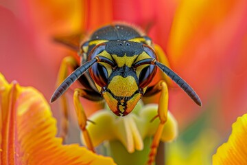 Poster - A macro close-up image captures a wasp perched on a vividly colorful flower, showcasing the intricate details of the insect and the beautiful petals in the natural environment.