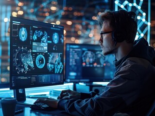 Poster - An advertising professional designing a social media ad on a high-tech computer