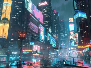 Billboards on a futuristic city scene at night. Concept art with a futuristic vision of advertising