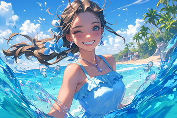 A very beautiful anime girl with expressive facial features, pouty lips, detailed eyes, and knee-length hair, standing in the ocean and smiling joyfully