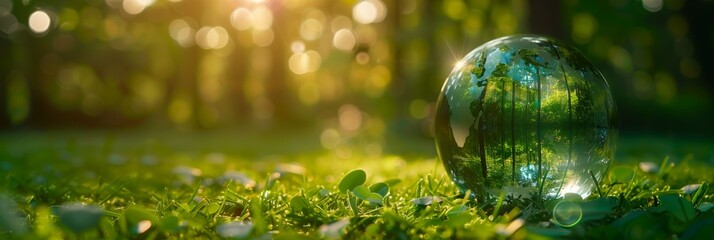 A glass globe with a green forest inside on the grass, a banner for World Environment Day concept