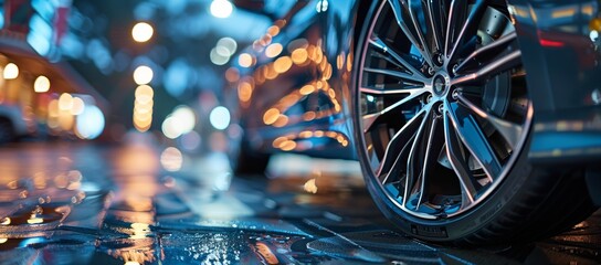 Wall Mural - Close-up of the wheels and rims on an elegant car, with blurred background