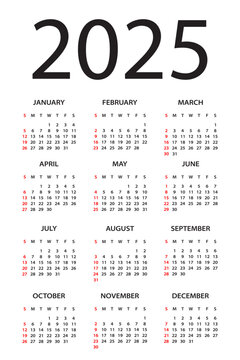 Calendar 2025 - illustration. Week starts on Sunday