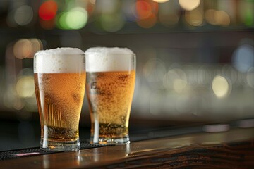 Wall Mural - Two glasses of beer on a bar counter with blurred lights in the background.