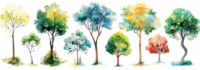 Wall Mural - Watercolor trees set of illustrations on a white background