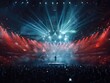 © Johannes - Singer performs a musical concert on stage in a huge packed stadium hall. Epic lights and flashlights