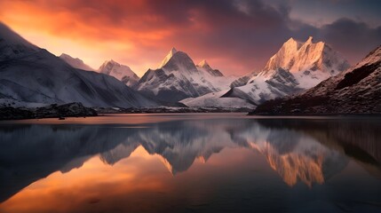 Wall Mural - Panoramic view of snow capped mountains reflected in lake at sunset