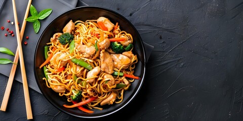 Poster - Stir-Fried Chicken Lo Mein with Vegetables. Concept Chicken Lo Mein Recipe, Stir-Fry Chicken, Vegetable Lo Mein, Asian Noodle Dish, Homemade Chinese Food