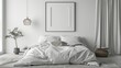 © Budi - Poster frame mockup in white cozy bedroom interior with double bed