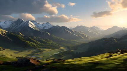 Wall Mural - Panoramic view of the mountains at sunset. Beautiful summer landscape.