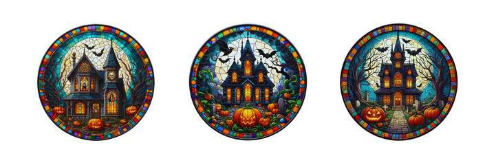 Wall Mural - Set of Round stained-glass illustration of a Halloween haunted house in a stained mosaic frame, Halloween special, Halloween-themed, isolated over on transparent white background