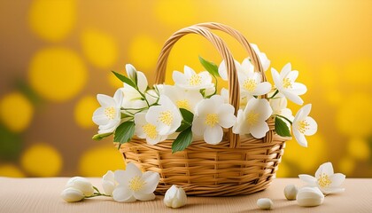 Wall Mural - daffodils in a basket, wallpaper yellow daffodils in a basket, bouquet of flowers in basket, flowers in a basket, bouquet of snowdrops in a basket, White flowers in wooden basket on yellow spring back