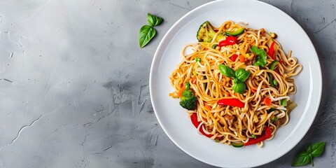 Wall Mural - Colorful Lo Mein Noodles on a White Plate. Concept Food Photography, Asian Cuisine, Vibrant Dishes, Noodle Art, Culinary Creations