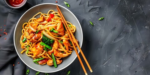 Wall Mural - Indulge in a delicious homemade Chicken Lo Mein with stir-fried vegetables and noodles. Concept Chicken Lo Mein Recipe, Homemade Chinese Cuisine, Vegetable Stir-Fry, Noodle Dish