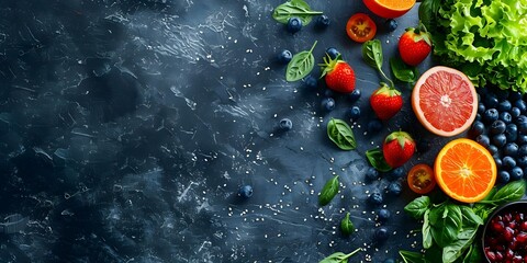 Wall Mural - Vibrant Whole Foods for a Nutritious Diet with Fruits and Vegetables. Concept Whole Foods Nutrition, Vibrant Fruits, Nutritious Vegetables, Healthy Eating, Colorful Diet