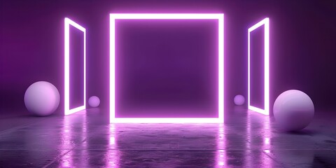 Wall Mural - Glowing squares and white ball on dark purple background Neon game screen. Concept Neon Game Screen, Glowing Squares, White Ball, Dark Purple Background