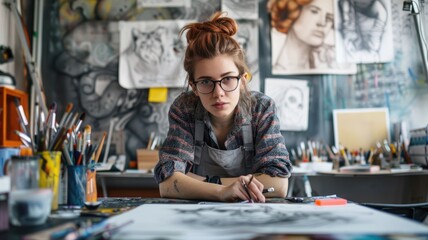 An artist is deeply engrossed in their work at a drawing desk surrounded by various artworks in a studio setting AIG58