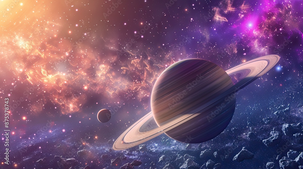 Stunning space scene featuring a planet with rings and its moon against ...