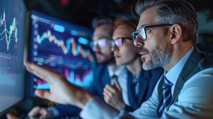 Poster - Team of business professionals reviewing market trends with investors