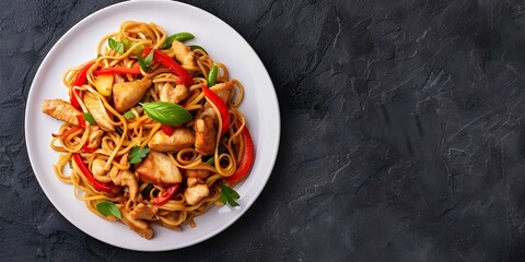 Poster - Delicious homemade Chicken Lo Mein with vegetables served on a white plate. Concept Food Photography, Chicken Lo Mein, Homemade Cooking, Vegetable Dish, White Plate Presentation