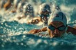© Katavudh - Group of marathon swimmers in action, intense competition, close up, race theme, surreal, manipulation, open sea backdrop