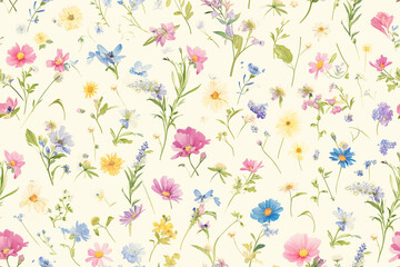 Sticker - A seamless pattern featuring delicate wildflowers in various colors, scattered on a light cream background.