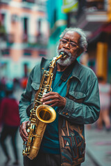 A man plays jazz music on a saxophone. A street saxophonist playing the saxophone.