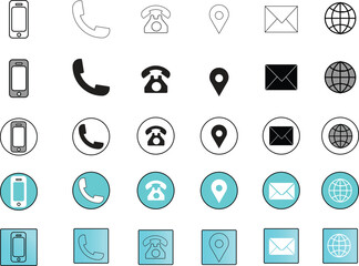 A comprehensive set of modern communication icons featuring phone, mobile, location, email, and globe symbols. Perfect for websites, apps, and digital projects, enhancing user interface design. Blue 