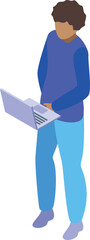 Poster - Young man in casual clothes is standing and working on a laptop, potentially a student or a freelancer
