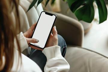 A woman holding a mockup of a smartphone with a blank white screen, using one hand to support it and the other hand to interact with it