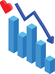 Poster - Blue bar graph with a downward trending arrow and a red heart above, representing a decrease in love or affection