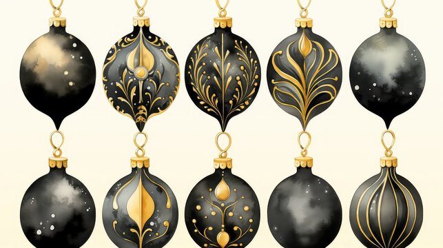 black and gold christmas baubles watercolor