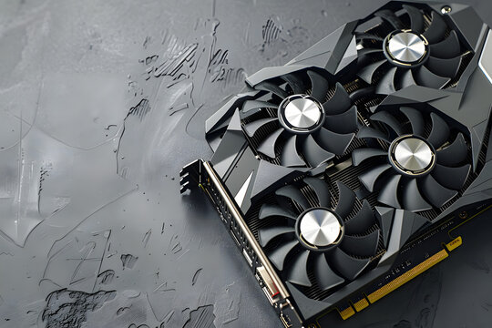 Computer graphics card on gray textured background, closeup. Space for text
