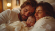 © Pawina - young family, mom dad and baby with 1 year old, sleeping in super confortable bed,generative ai