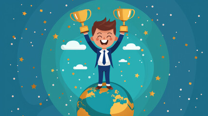 A joyful cartoon person standing on a globe, holding two trophies with stars around, representing success, achievement, and victory.