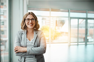 Poster - Lawyer, arms crossed and portrait with smile from legal, business and consultant with law firm. Woman, female attorney and professional confidence with New York, office or happy for startup by window